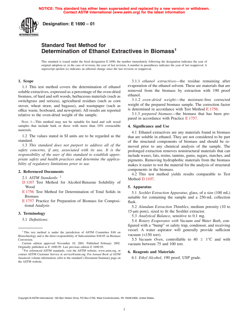 ASTM E1690-01 - Standard Test Method for Determination of Ethanol Extractives in Biomass