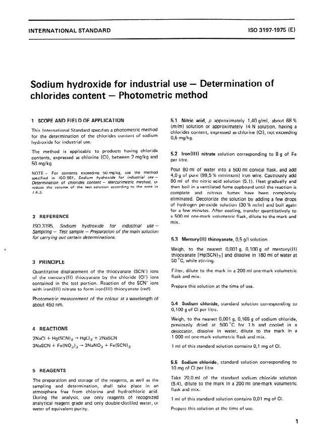 ISO 3197:1975 - Sodium hydroxide for industrial use -- Determination of chlorides content -- Photometric method
