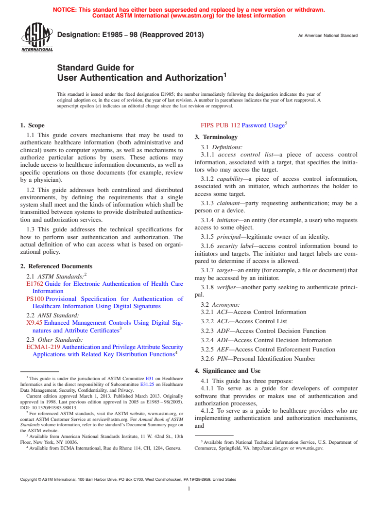 ASTM E1985-98(2013) - Standard Guide for  User Authentication and Authorization (Withdrawn 2017)