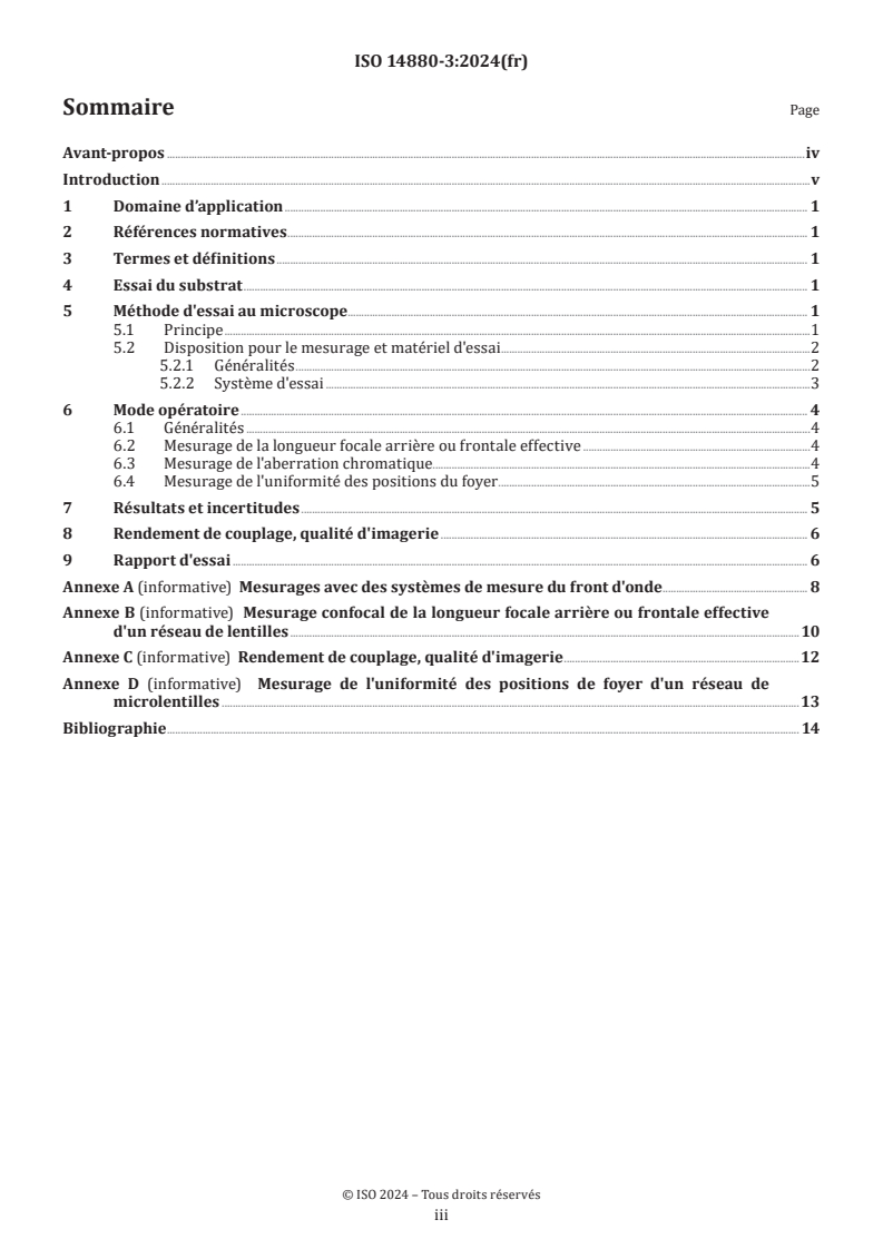 ISO 14880-3:2024 - Optique et photonique — Réseaux de microlentilles — Partie 3: Méthodes d'essai pour les propriétés optiques autres que les aberrations du front d'onde
Released:11/13/2024