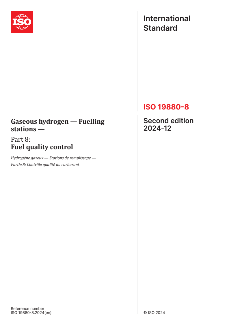 ISO 19880-8:2024 - Gaseous hydrogen — Fuelling stations — Part 8: Fuel quality control
Released:12/13/2024