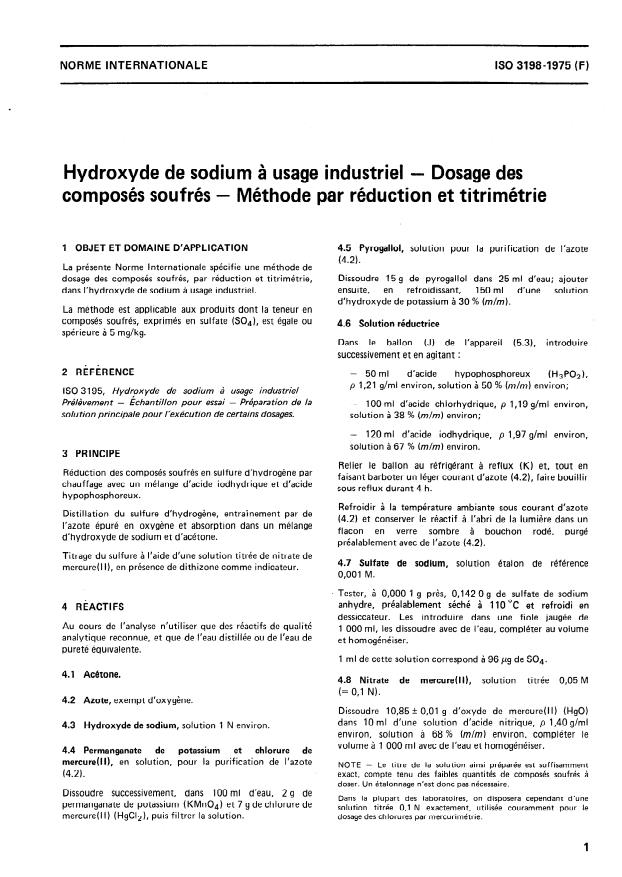 ISO 3198:1975 - Hydroxyde de sodium a usage industriel -- Dosage des composés soufrés -- Méthode par réduction et titrimétrie