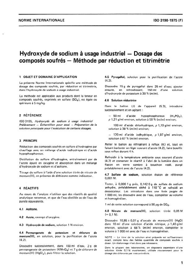 ISO 3198:1975 - Hydroxyde de sodium a usage industriel -- Dosage des composés soufrés -- Méthode par réduction et titrimétrie