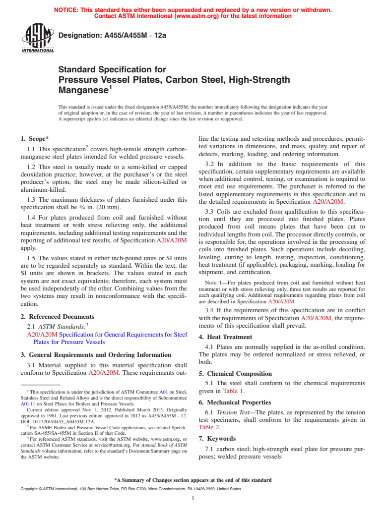 ASTM A455/A455M-12a - Standard Specification for  Pressure Vessel Plates, Carbon Steel, High-Strength Manganese