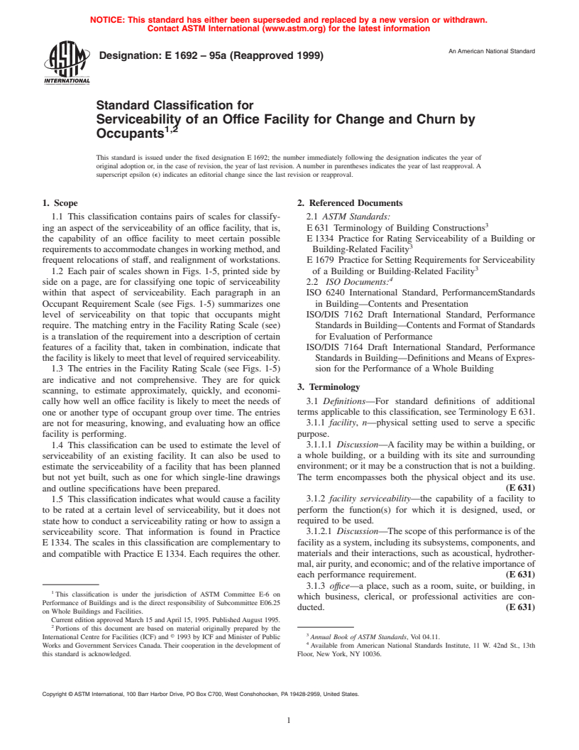 ASTM E1692-95a(1999) - Standard Classification for Serviceability of an Office Facility for Change and Churn by Occupants