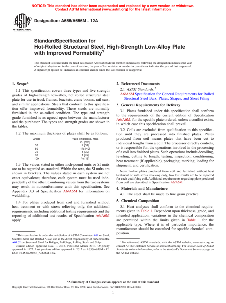 ASTM A656/A656M-12a - Standard Specification for  Hot-Rolled Structural Steel, High-Strength Low-Alloy Plate  with Improved  Formability