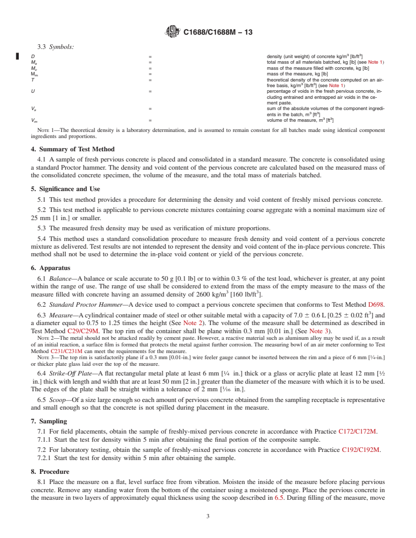 REDLINE ASTM C1688/C1688M-13 - Standard Test Method for  Density and Void Content of Freshly Mixed Pervious Concrete