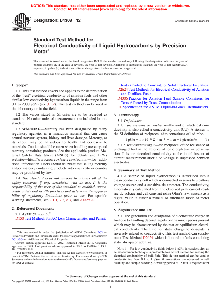 ASTM D4308-12 - Standard Test Method for Electrical Conductivity of Liquid Hydrocarbons by Precision   Meter