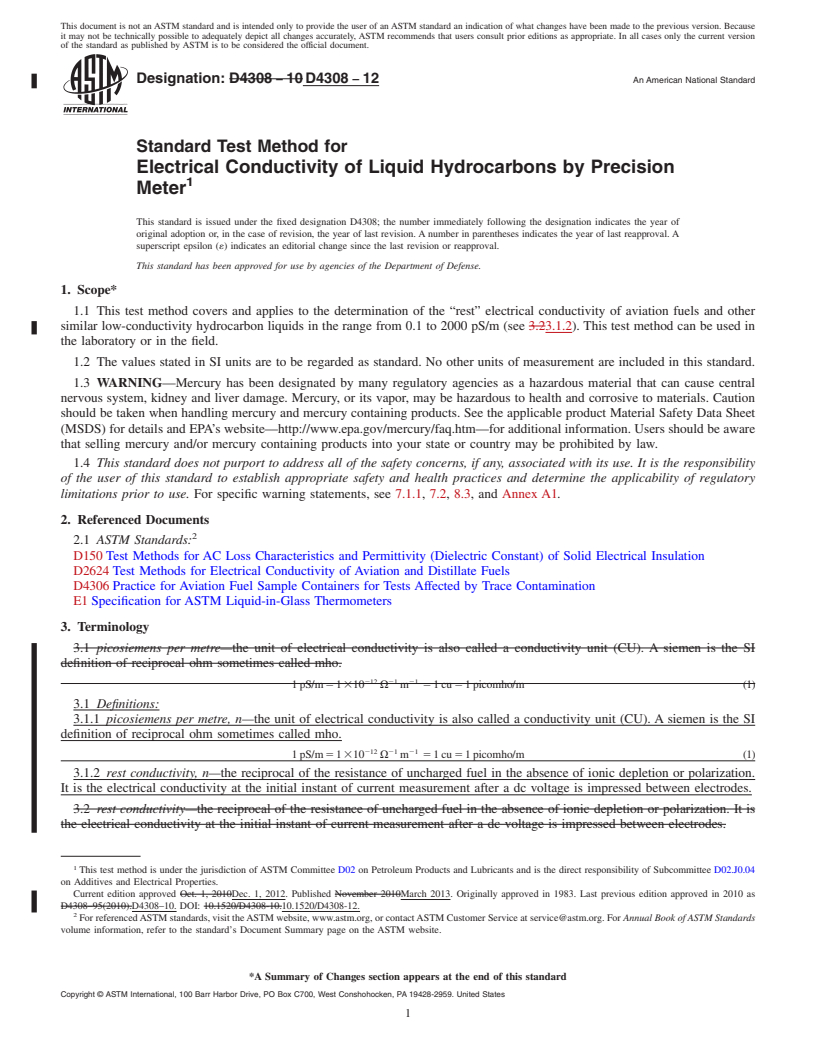 REDLINE ASTM D4308-12 - Standard Test Method for Electrical Conductivity of Liquid Hydrocarbons by Precision   Meter