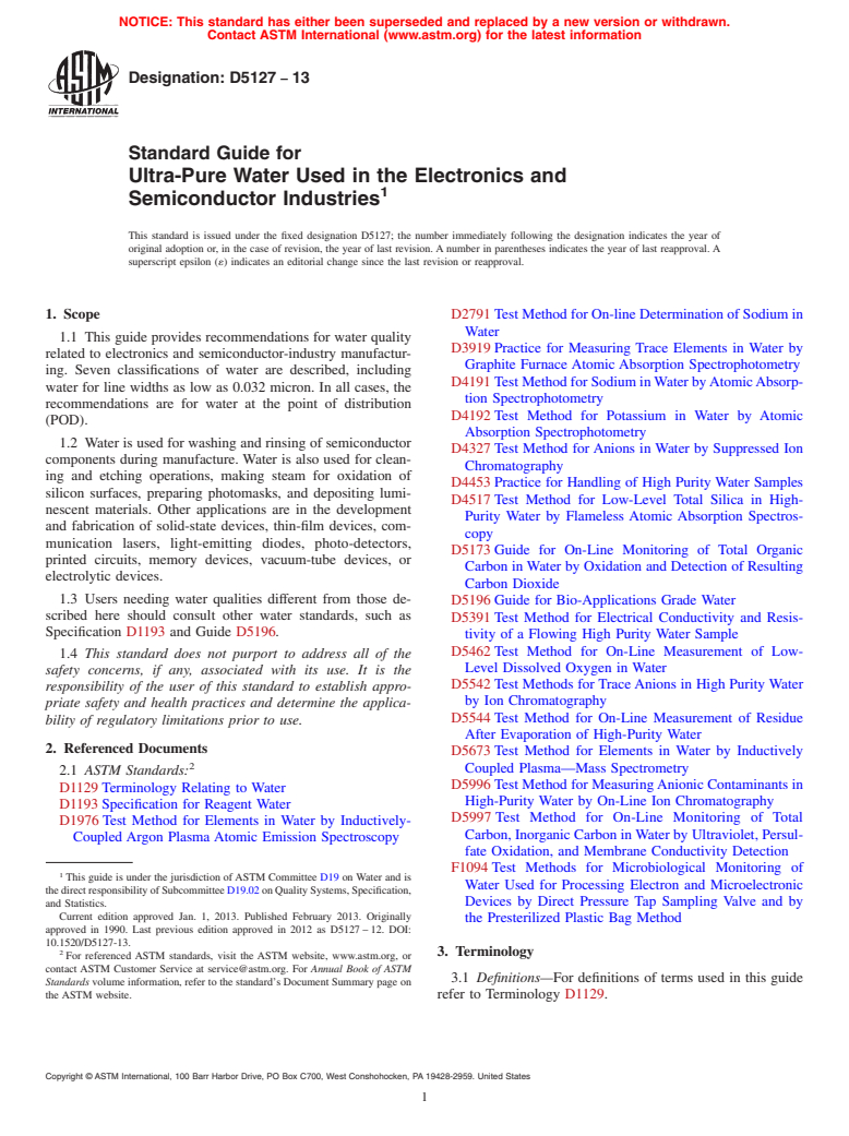 ASTM D5127-13 - Standard Guide for  Ultra-Pure Water Used in the Electronics and Semiconductor  Industries