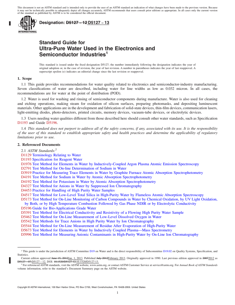 REDLINE ASTM D5127-13 - Standard Guide for  Ultra-Pure Water Used in the Electronics and Semiconductor  Industries