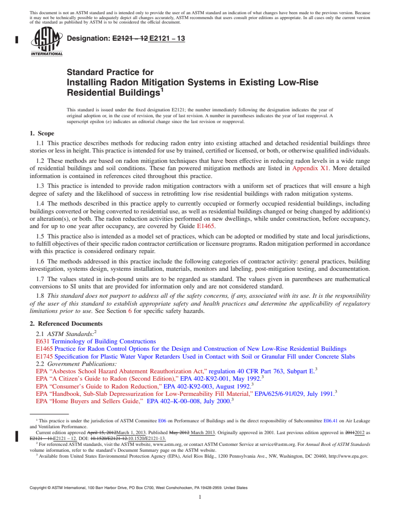 REDLINE ASTM E2121-13 - Standard Practice for  Installing Radon Mitigation Systems in Existing Low-Rise Residential  Buildings