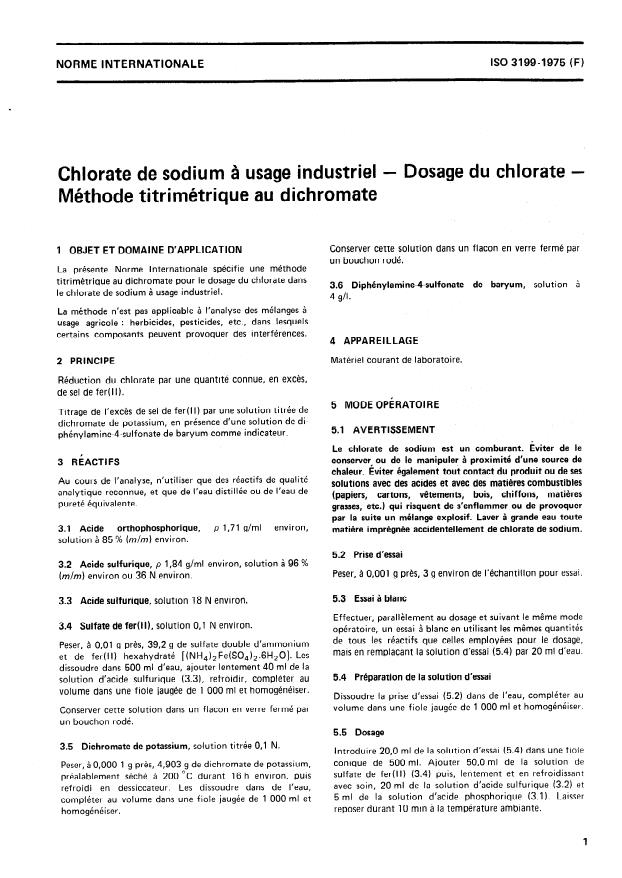 ISO 3199:1975 - Chlorate de sodium a usage industriel -- Dosage du chlorate -- Méthode titrimétrique au dichromate