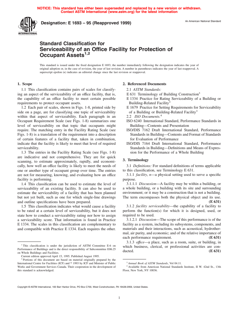 ASTM E1693-95(1999) - Standard Classification for Serviceability of an Office Facility for Protection of Occupant Assets