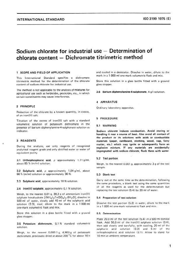 ISO 3199:1975 - Sodium chlorate for industrial use -- Determination of chlorate content -- Dichromate titrimetric method