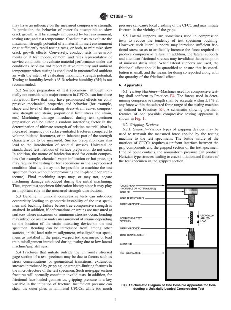 ASTM C1358-13 - Standard Test Method for  Monotonic Compressive Strength Testing of Continuous Fiber-Reinforced   Advanced Ceramics with Solid Rectangular Cross-Section Test Specimens   at Ambient  Temperatures