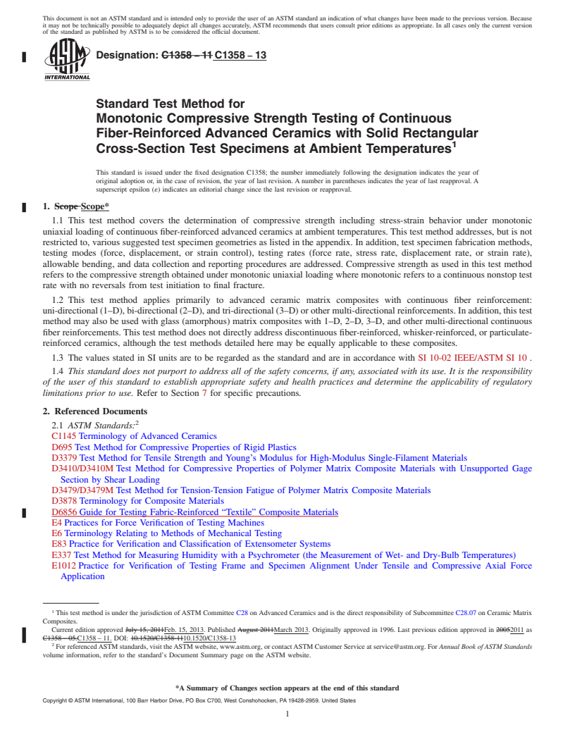 REDLINE ASTM C1358-13 - Standard Test Method for  Monotonic Compressive Strength Testing of Continuous Fiber-Reinforced   Advanced Ceramics with Solid Rectangular Cross-Section Test Specimens   at Ambient  Temperatures