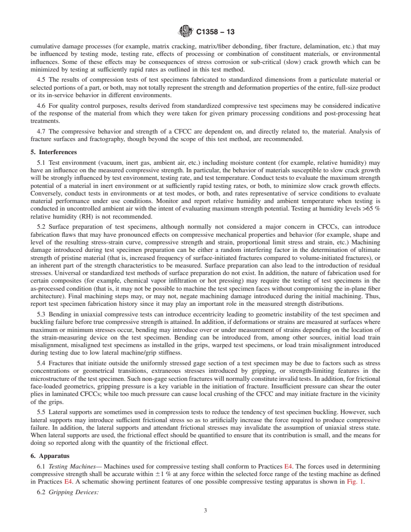 REDLINE ASTM C1358-13 - Standard Test Method for  Monotonic Compressive Strength Testing of Continuous Fiber-Reinforced   Advanced Ceramics with Solid Rectangular Cross-Section Test Specimens   at Ambient  Temperatures