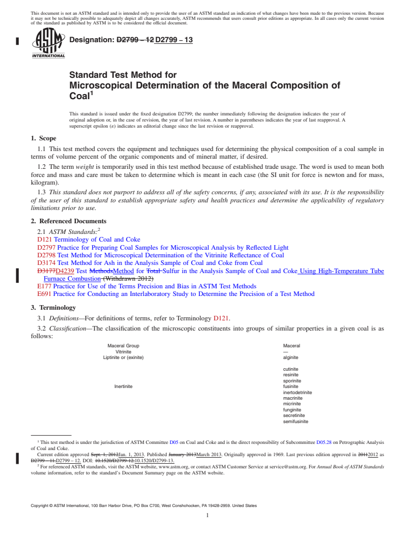 REDLINE ASTM D2799-13 - Standard Test Method for  Microscopical Determination of the Maceral Composition of Coal