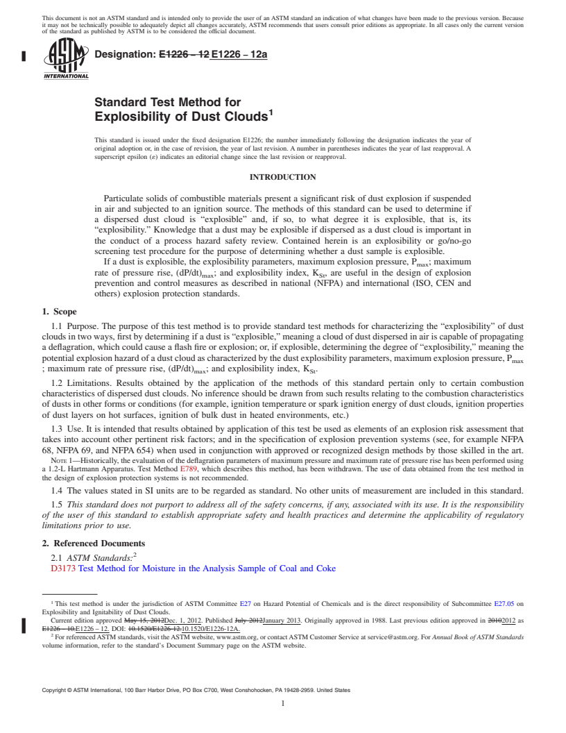 REDLINE ASTM E1226-12a - Standard Test Method for  Explosibility of Dust Clouds