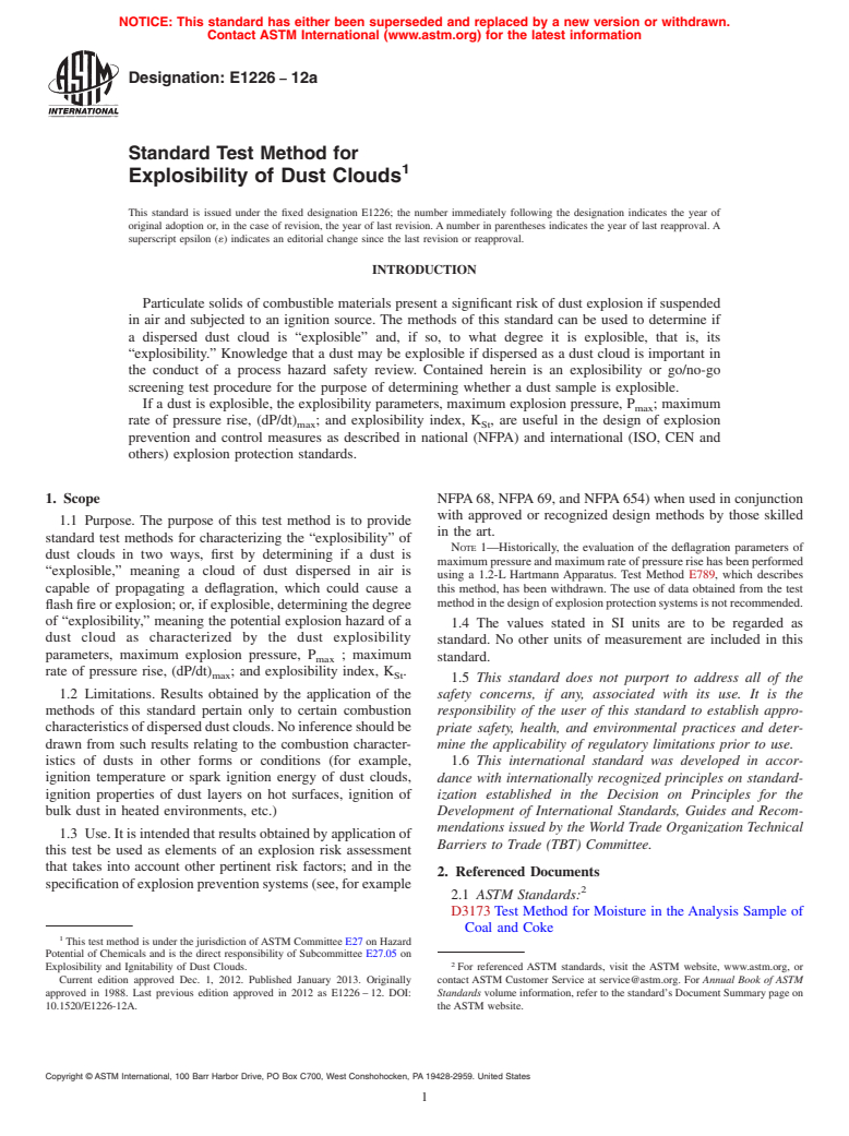 ASTM E1226-12a - Standard Test Method for  Explosibility of Dust Clouds