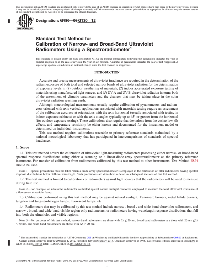 REDLINE ASTM G130-12 - Standard Test Method for  Calibration of Narrow- and Broad-Band Ultraviolet Radiometers  Using a Spectroradiometer