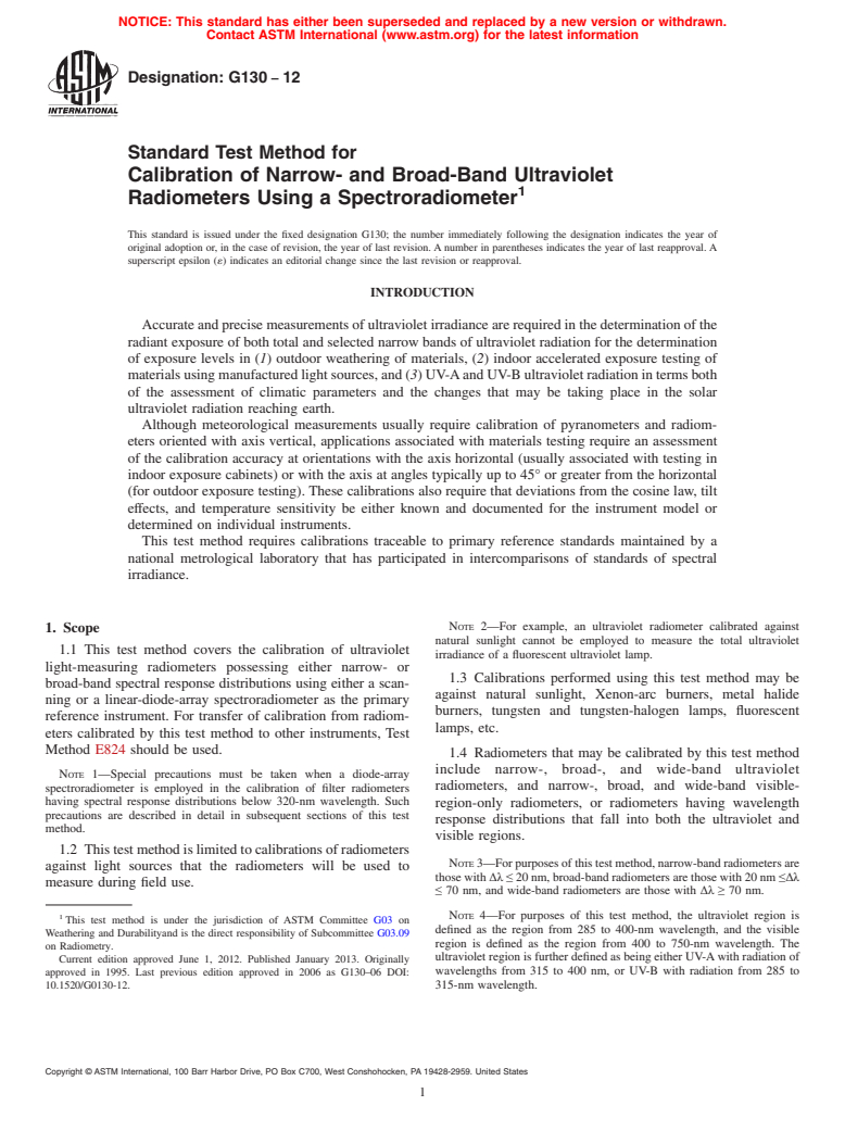 ASTM G130-12 - Standard Test Method for  Calibration of Narrow- and Broad-Band Ultraviolet Radiometers  Using a Spectroradiometer