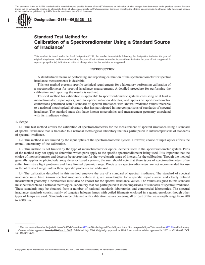 REDLINE ASTM G138-12 - Standard Test Method for  Calibration of a Spectroradiometer Using a Standard Source  of Irradiance