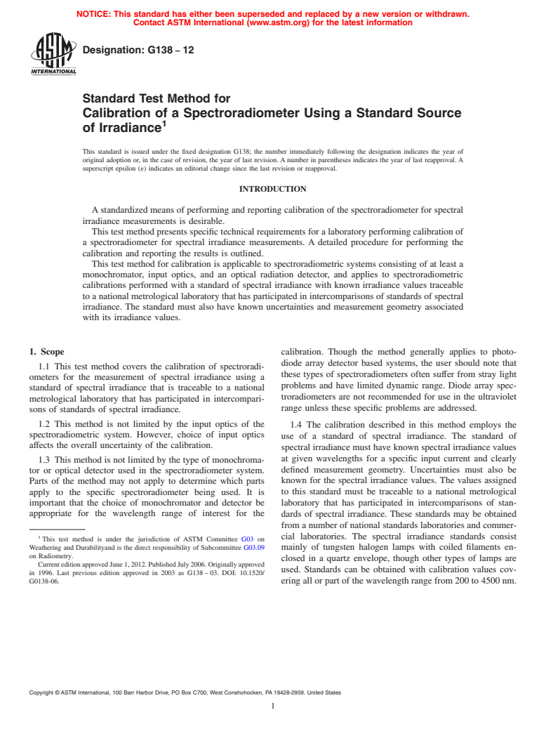 ASTM G138-12 - Standard Test Method for  Calibration of a Spectroradiometer Using a Standard Source  of Irradiance