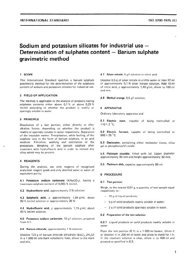 ISO 3200:1975 - Sodium and potassium silicates for industrial use -- Determination of sulphates content -- Barium sulphate gravimetric method