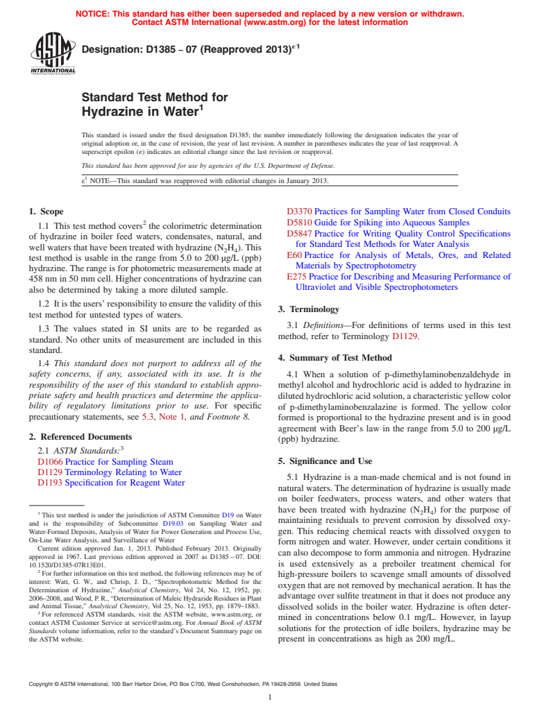 ASTM D1385-07(2013)e1 - Standard Test Method for Hydrazine in Water