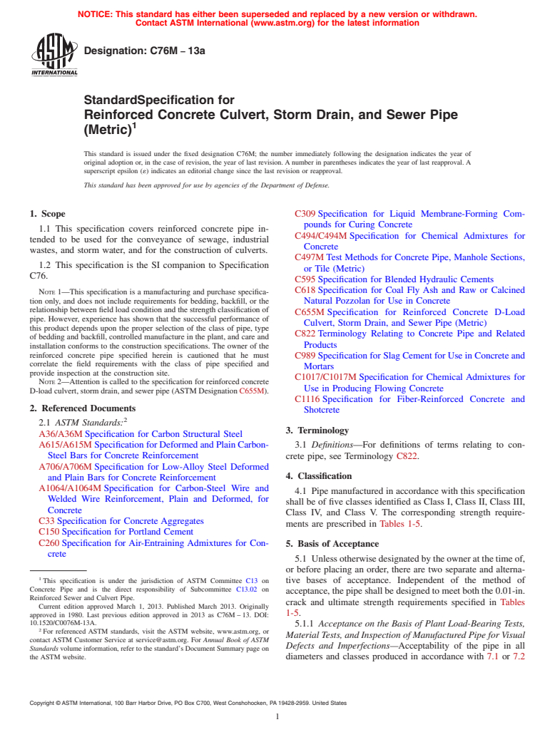 ASTM C76M-13a - Standard Specification for  Reinforced Concrete Culvert, Storm Drain, and Sewer Pipe (Metric)
