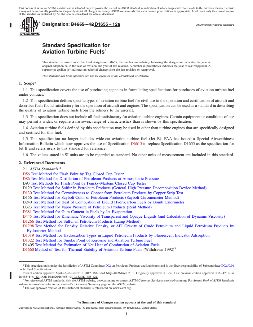 REDLINE ASTM D1655-12a - Standard Specification for Aviation Turbine Fuels