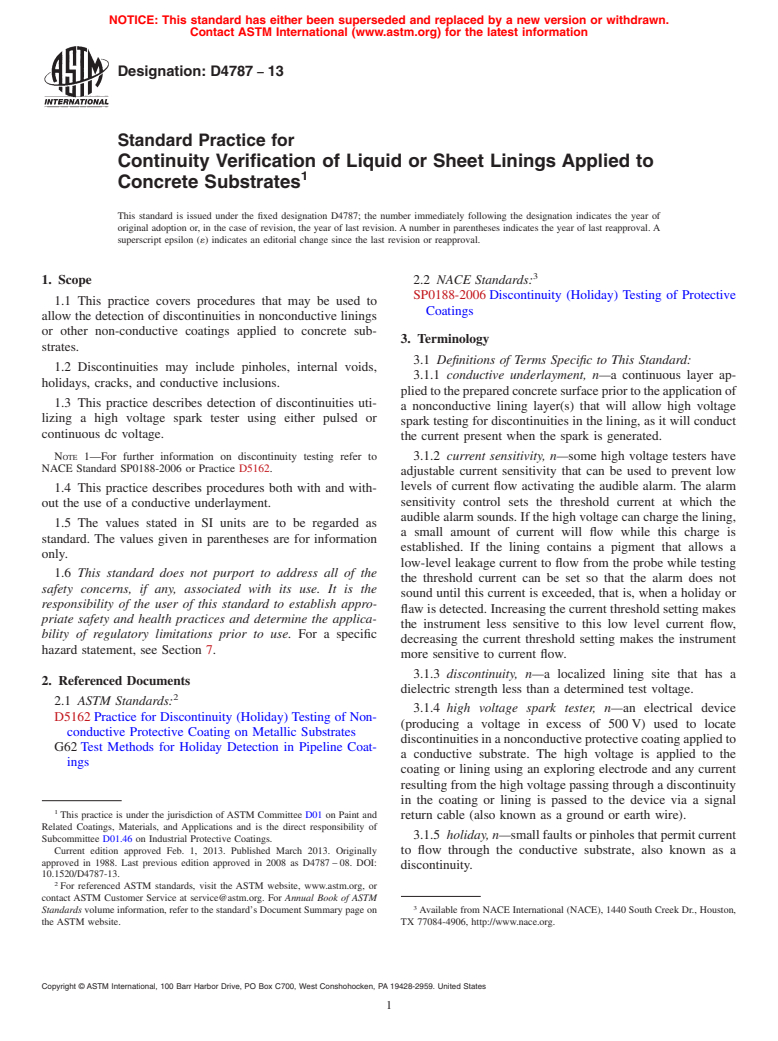 ASTM D4787-13 - Standard Practice for Continuity Verification of Liquid or Sheet Linings Applied  to Concrete        Substrates