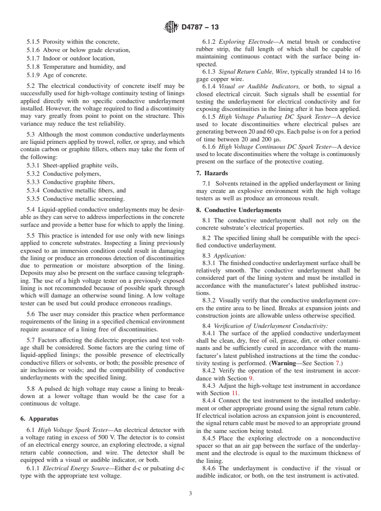 ASTM D4787-13 - Standard Practice for Continuity Verification of Liquid or Sheet Linings Applied  to Concrete        Substrates