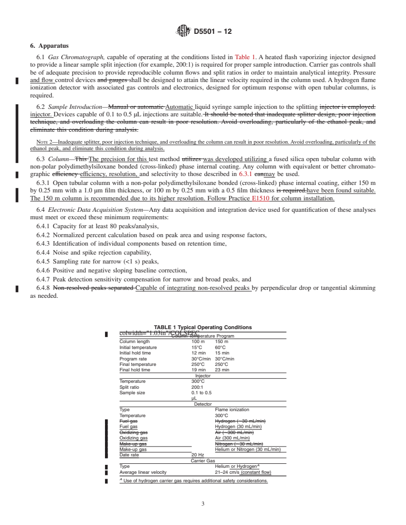 REDLINE ASTM D5501-12 - Standard Test Method for Determination of Ethanol and Methanol Content in Fuels Containing  Greater than 20% Ethanol by Gas Chromatography