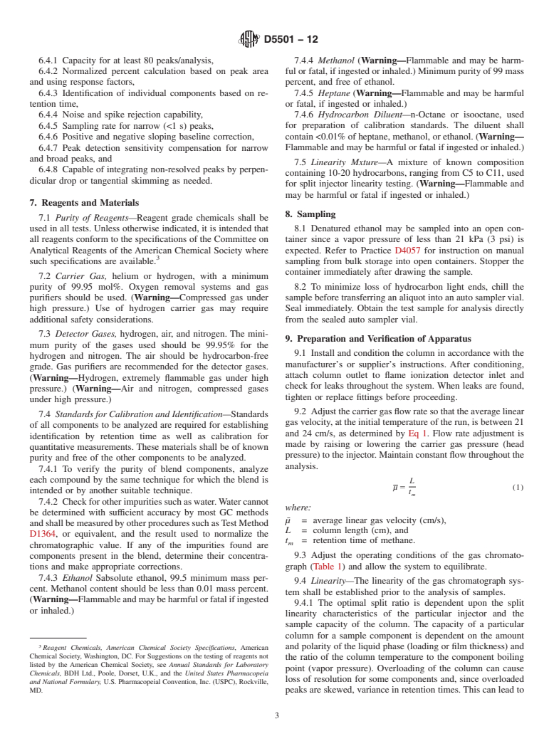 ASTM D5501-12 - Standard Test Method for Determination of Ethanol and Methanol Content in Fuels Containing  Greater than 20% Ethanol by Gas Chromatography