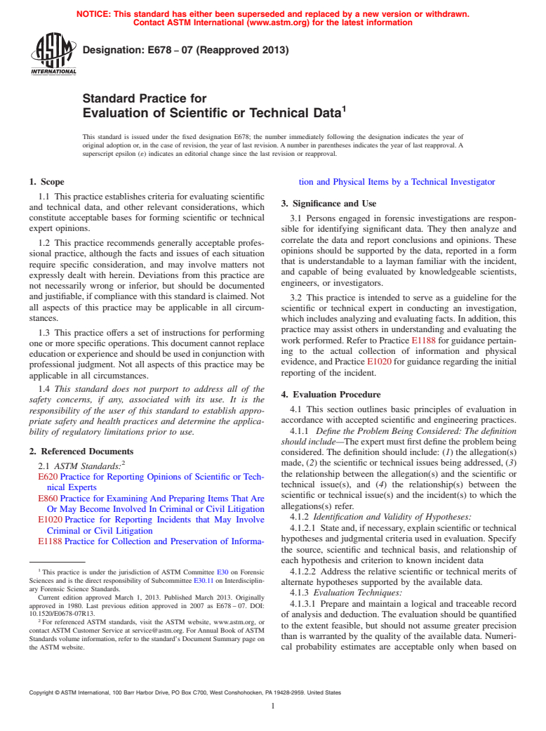 ASTM E678-07(2013) - Standard Practice for  Evaluation of Scientific or Technical Data (Withdrawn 2022)