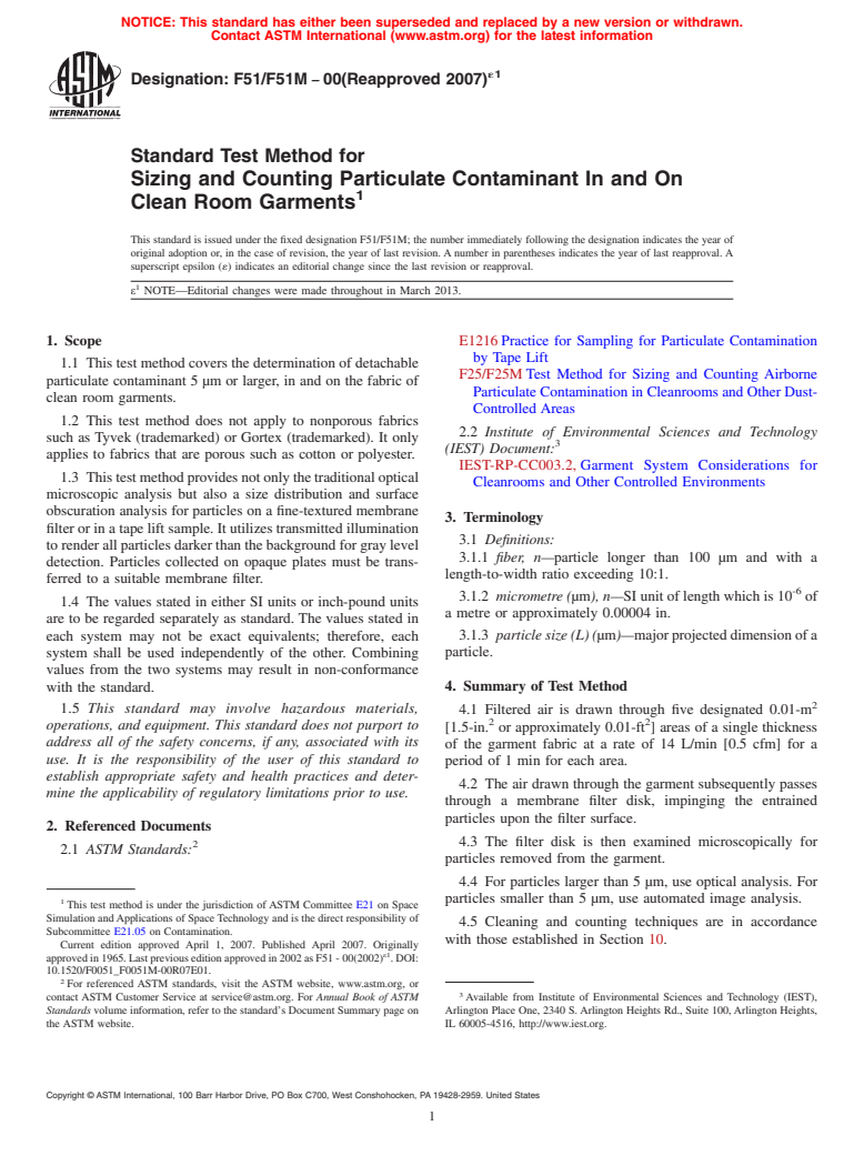 ASTM F51/F51M-00(2007)e1 - Standard Test Method for Sizing and Counting Particulate Contaminant In and On Clean Room Garments