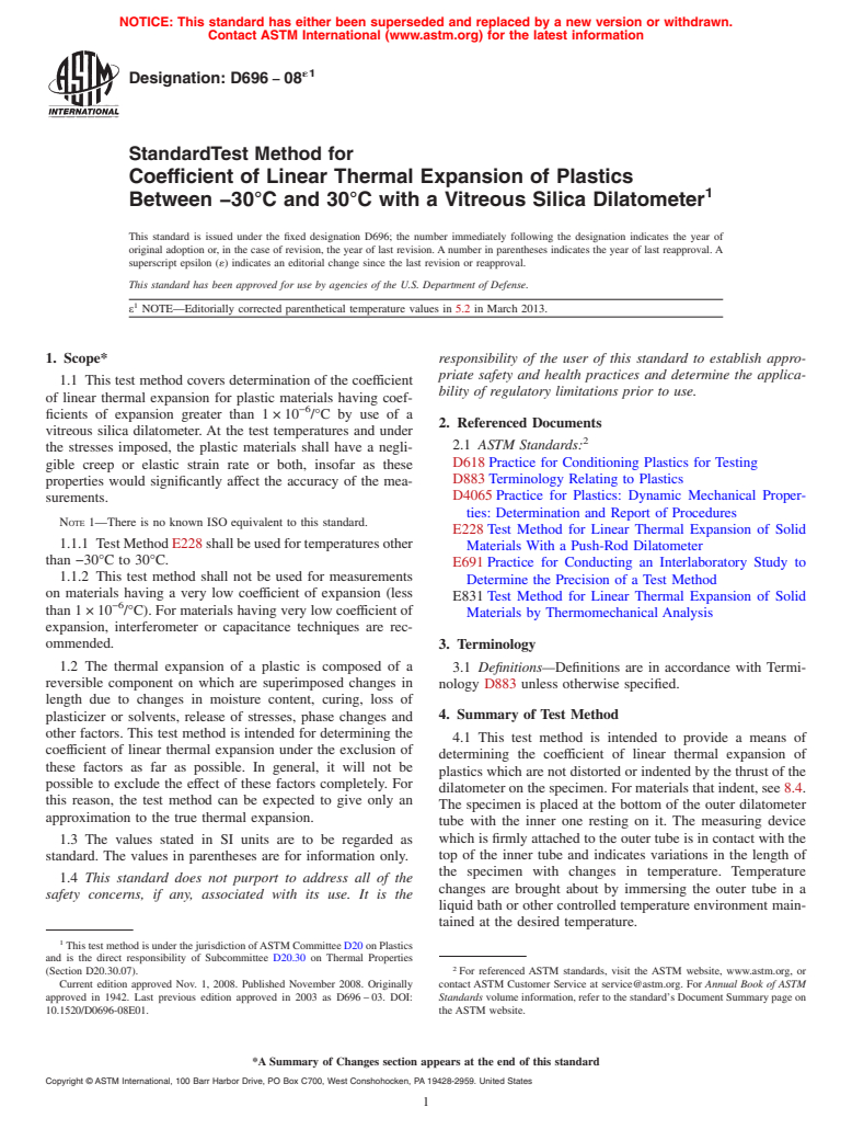 ASTM D696-08e1 - Standard Test Method for Coefficient of Linear Thermal Expansion of Plastics Between  &minus;30&deg;C and 30&deg;C with a Vitreous Silica Dilatometer