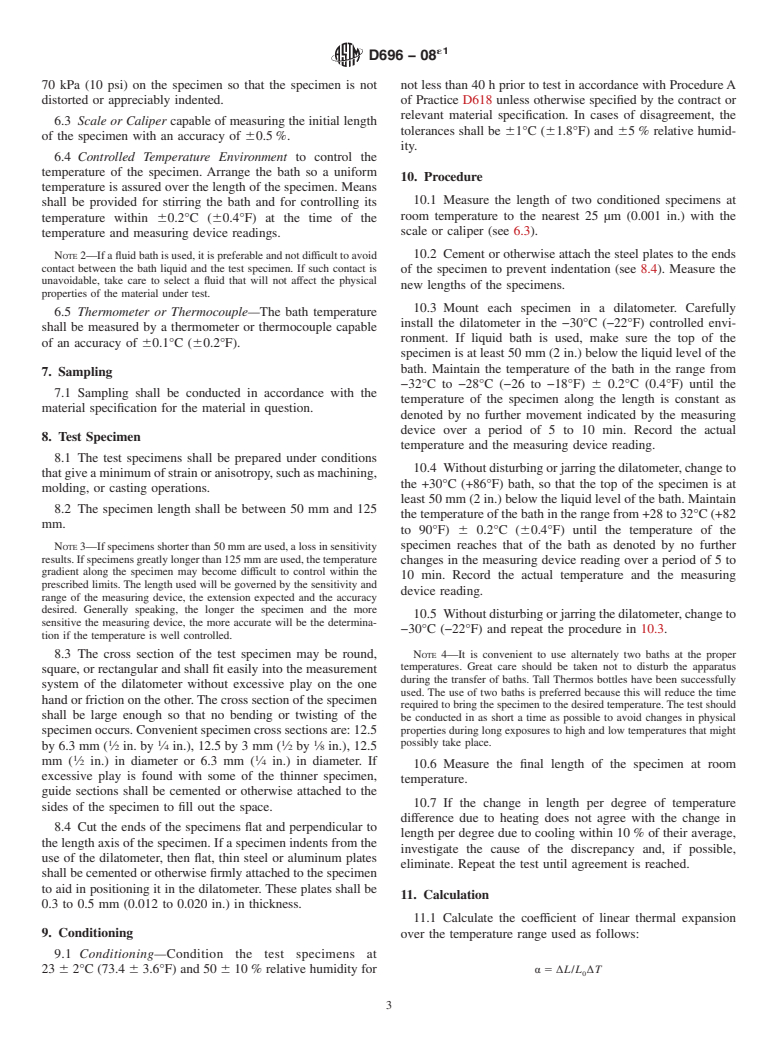 ASTM D696-08e1 - Standard Test Method for Coefficient of Linear Thermal Expansion of Plastics Between  &minus;30&deg;C and 30&deg;C with a Vitreous Silica Dilatometer