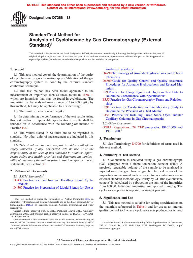 ASTM D7266-13 - Standard Test Method for Analysis of Cyclohexane by Gas Chromatography (External Standard)