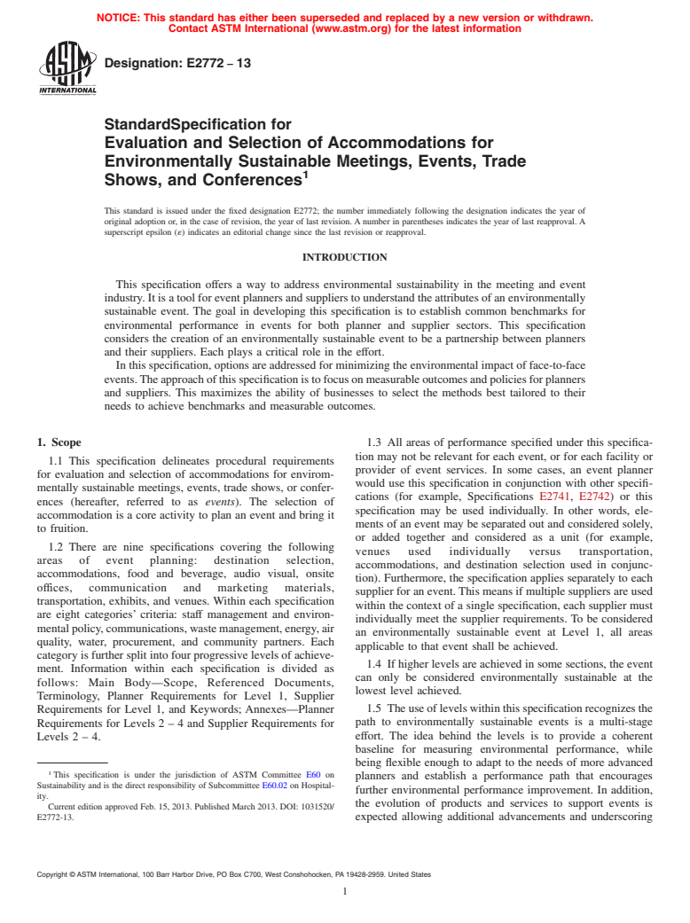 ASTM E2772-13 - Standard Specification for Evaluation and Selection of Accommodations for Environmentally Sustainable Meetings, Events, Trade Shows, and Conferences