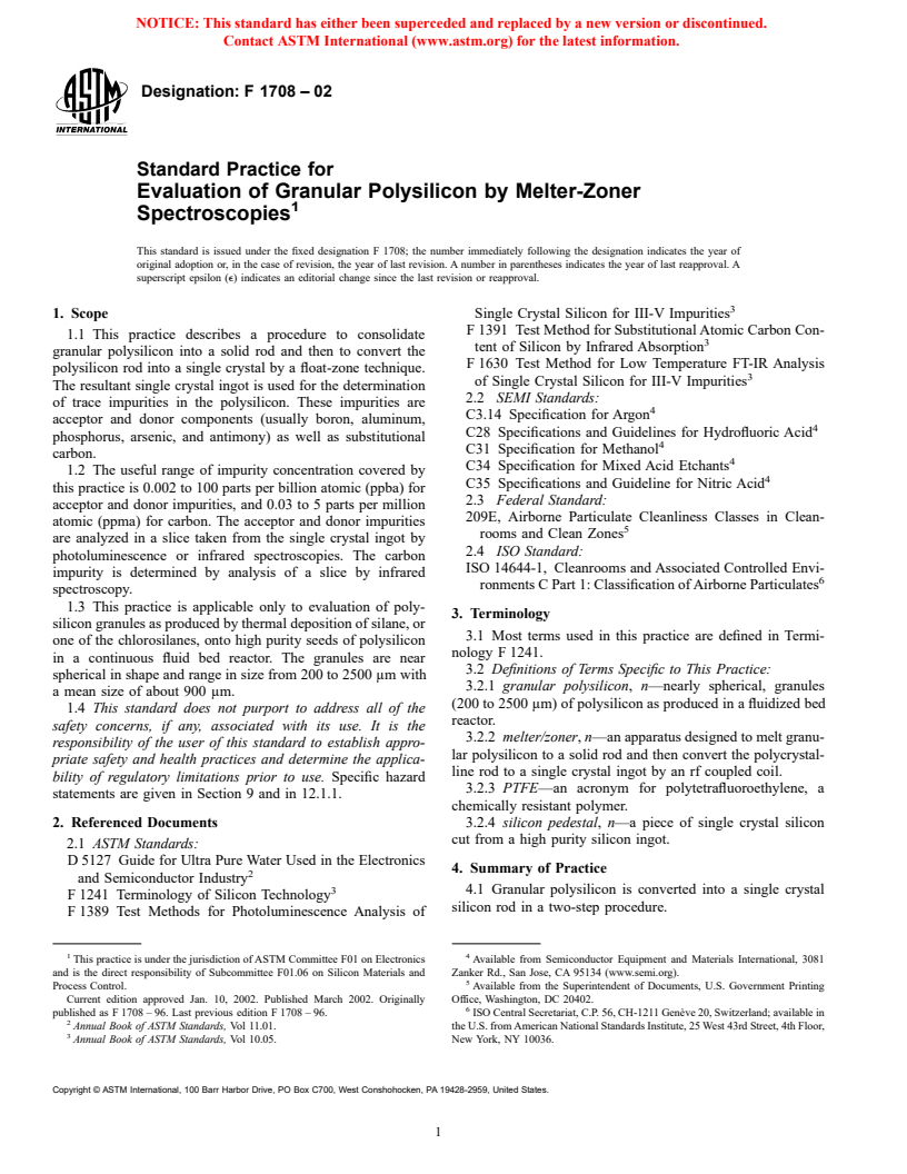 ASTM F1708-02 - Standard Practice for Evaluation of Granular Polysilicon by Meter-Zoner Spectroscopies (Withdrawn 2003)