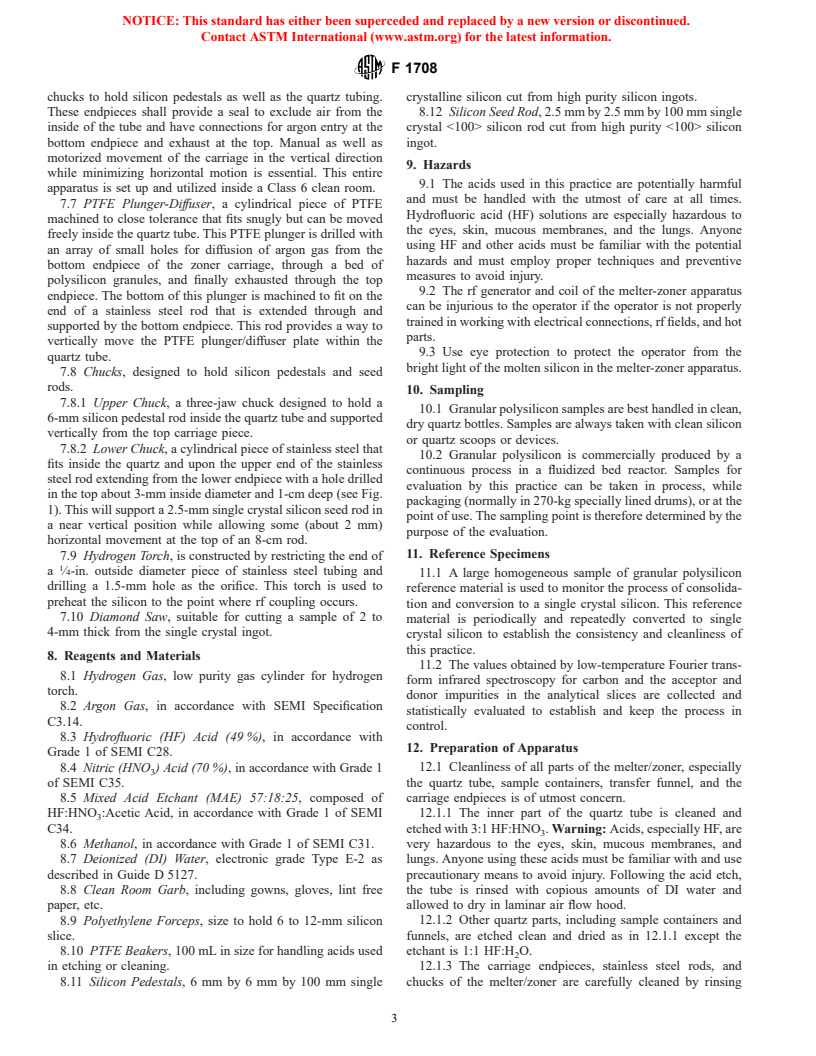 ASTM F1708-02 - Standard Practice for Evaluation of Granular Polysilicon by Meter-Zoner Spectroscopies (Withdrawn 2003)