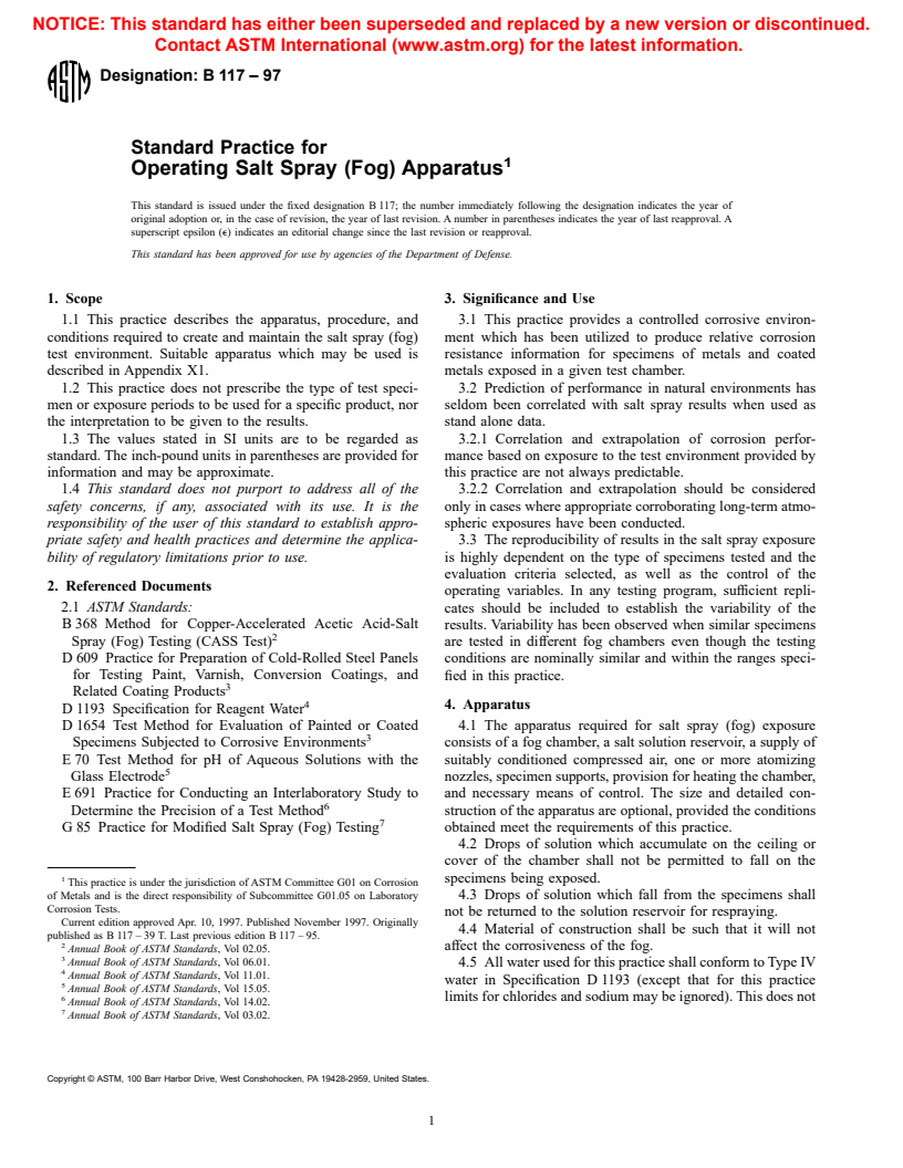 ASTM B117-97 - Standard Practice for Operating Salt Spray (Fog) Apparatus