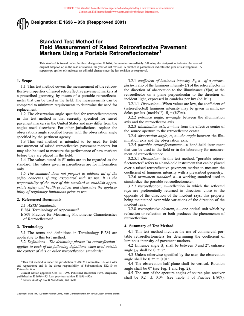 ASTM E1696-95b(2001) - Standard Test Method for Field Measurement of Raised Retroreflective Pavement Markers Using a Portable Retroreflectometer