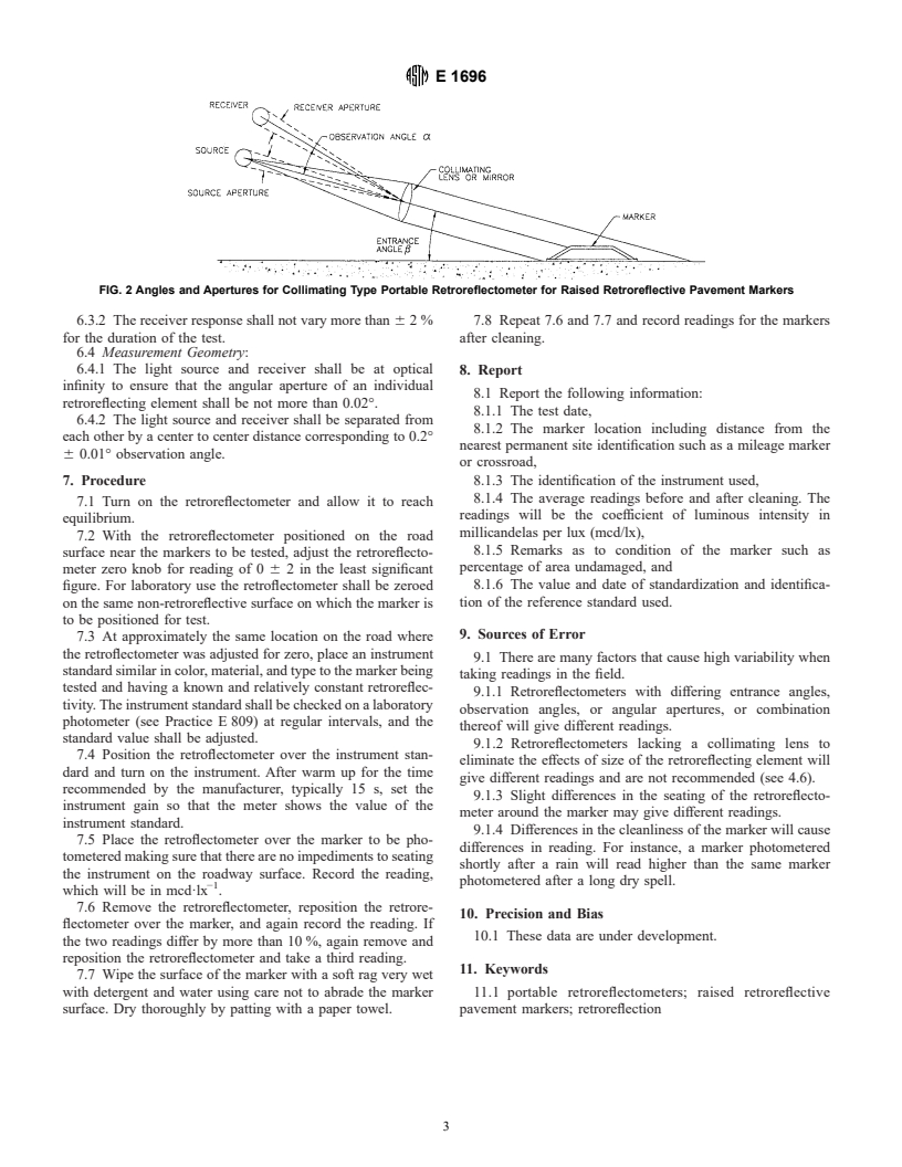 ASTM E1696-95b(2001) - Standard Test Method for Field Measurement of Raised Retroreflective Pavement Markers Using a Portable Retroreflectometer