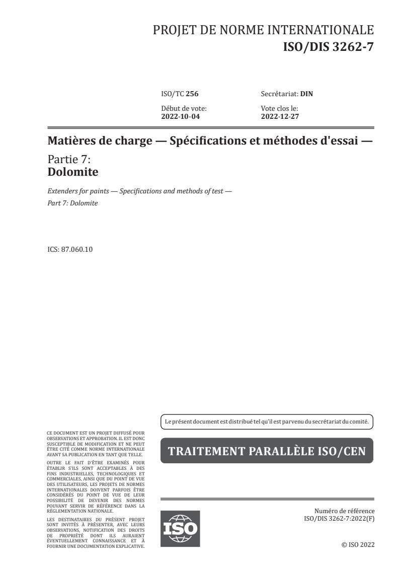 ISO/FDIS 3262-7 - Matières de charge — Spécifications et méthodes d'essai — Partie 7: Dolomite
Released:9/28/2022