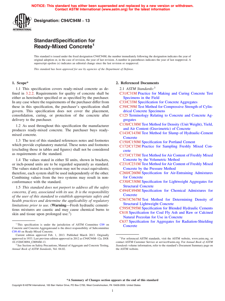 ASTM C94/C94M-13 - Standard Specification for  Ready-Mixed Concrete